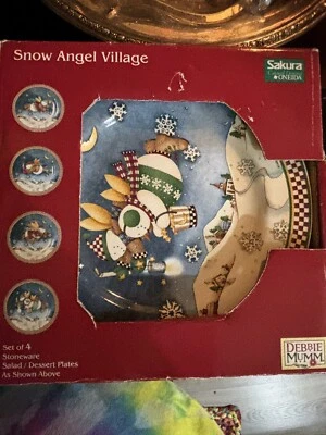 4 Vintage SAKURA Christmas SNOW ANGEL VILLAGE 8” Salad Plates Deb Mumm NIB - Image 1 of 4