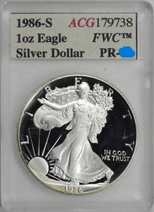 1986-S Proof American Silver Eagle $1 Old ACG Accugrade Holder, Scarce! [BN738] - Picture 1 of 4
