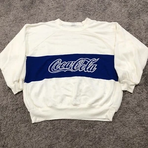 Vintage 70s 80s Coca Cola Crewneck Sweatshirt Size M Cream White Blue Graphic - Picture 1 of 9