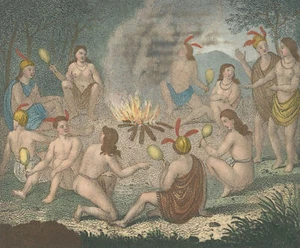 USA - Virginia - "Die Indianer verehren das Feuer" - kol. Litho. um 1835 - Bild 1 von 2