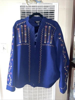 Chaqueta Abrigo DENNIS BASSO Azul Multicolor Bordado Floral Cuello Mandarín 22W Foto 1 de 4