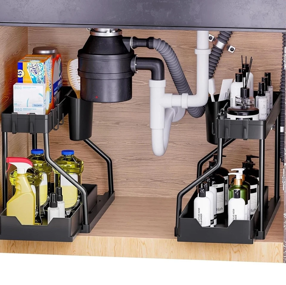 2 Tier Under Sink Storage Organiser Shelf Spice Rack Pull Out Drawer Kitchen - Image 1 of 1