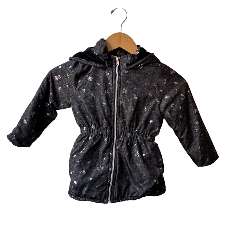 Abrigo Chaqueta PENELOPE MACK Con Capucha Talla 5 Forrado de Vellón Cremallera Gris/Rosa Estampado de Flores Foto 1 de 4