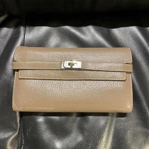 HERMES Etoupe Kelly Wallet Silver Hardware Leather Long Bifold Designer Purse - Picture 1 of 11