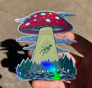 Shroom Spaceship Holographic Sticker Waterproof Vinyl Trippy Stoner Space Decal - Picture 1 of 2