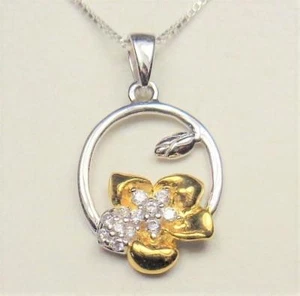 COLLAR COLGANTE PLATA ESTERLINA Y ORO 14K VERMEIL LUAU FLOR PIEDRAS CIRCONITA BLANCA - Imagen 1 de 7