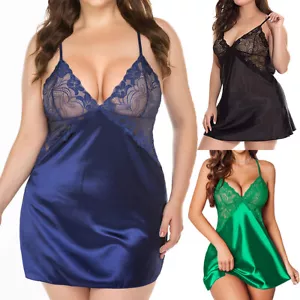 Women Sexy Lingerie Satin Silk Babydoll Sleepwear Nightgown Mini Dress Plus Size - Picture 1 of 19