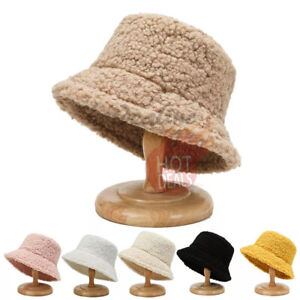 Women Warm Fluffy Plush Bucket Hat Ladies Winter Warm Faux Fur Fleece Cap