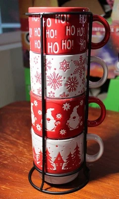 Signature Housewares Holiday Stoneware Mugs 13.5 oz. with Wire Tower, Set of 4 - Image 1 of 4