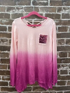 JUSTICE GIRLS 10 KIDS PINK OMBRE LONG SLEEVE T FLIP SEQUIN POCKET TOP SHIRT TEE - Picture 1 of 3