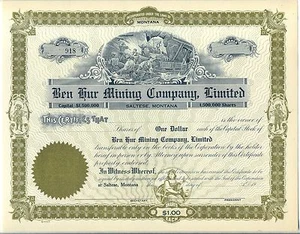 Ben Hur Mining Company, certificado de acciones limitadas Saltese Montana - Imagen 1 de 1