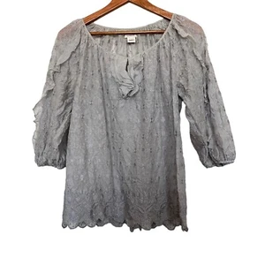 Sundance Women’s Sz S Gray Silk Embroidered Ruffle Blouse Scallop Hem - Picture 1 of 8