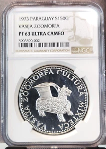 1973 PARAGUAY SILVER 150 GUARANIES VASIJA ZOOMORFA NGC PF 63 ULTRA CAMEO RARE - Picture 1 of 3