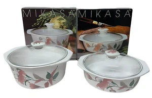 Vintage Mikasa Fire & Ice Casserole AA009 White Flowers Japan 2 Quarts Lot Of 2 - Picture 1 of 17