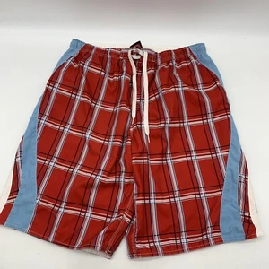 Board Shorts Swim Trunks Mens L Red White Blue Plaid Triangle Logo Liner Pocket - Picture 1 of 12