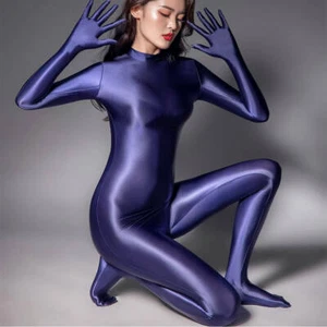 Women Shiny Satin Footed Jumpsuit Wetlook Catsuit Back Zipper Bodysuit w/ Gloves