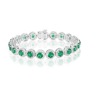 14K Gold 10.6ct Natural Diamond w/ Simulated Green Emerald Round Tennis Bracelet