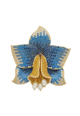 Narzisse Mit Perlen Cocktailring Gold Saphir CZ - Bild 1 von 4