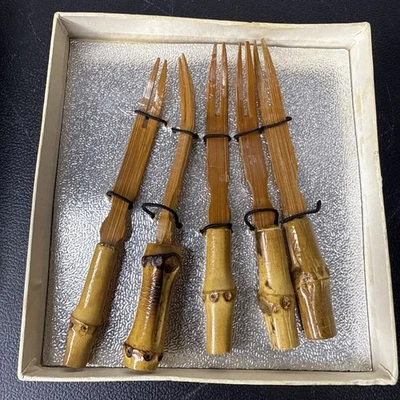 Vintage Bamboo Handmade Appetizer Cocktail Forks 5pc 3.8" New In Box NIB* - Image 1 of 4