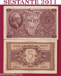 ITALIA ITALY 5 LIRE LUOGOTENENZA 1944 Bolaffi Simoneschi G., P 31b QFDS/ AUNC - Imagen 1 de 1