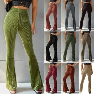 Ladies Ribbed Velvet High Waist Pants Elasticated Flared Trousers Bottom SIZE UK - Picture 1 of 40
