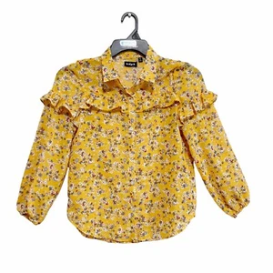 KidPik Button-Down Blouse Girls Size XL (14) Yellow Floral Long Sleeve Ruffles - Picture 1 of 8