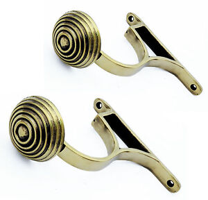 Pair Brass Curtain Pole Holders - Traditional antique brackets 47-65mm rod width