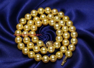 AAAAA long 22"10-11mm NATURAL REAL South sea golden deep pearl necklace 14K gold - Picture 1 of 6