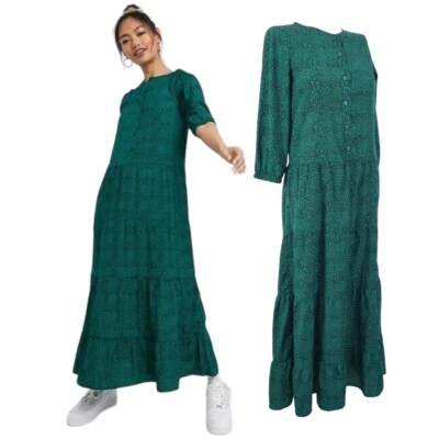 Wednesdays Girl Dress Leopard Maxi Green Animal Print Midi Teal Tiered XXS - Image 1 of 4