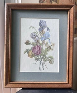 VTG J.L. Prevost Art Print Matted Framed Roses Iris Botanical 11 1/8" Cottage - Picture 1 of 13
