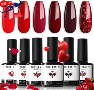 6 Red Gel Nail Polish Set, Glitter & Burgundy, LED Soak-Off Manicure Kit - Picture 1 of 12