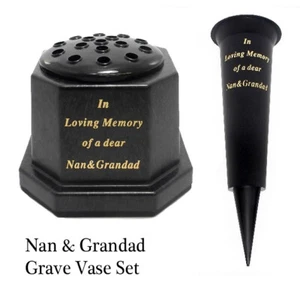 Nan & Grandad Memorial Grave Set - Vase, Pot & Spike, Black Flower Flute Tribute - Picture 1 of 3