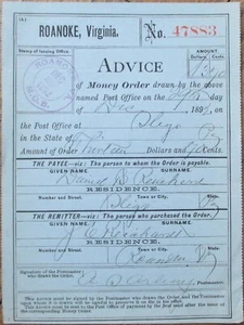 Roanoke, VA Sligo, PA 1892 Advice of US Postal Money Order Printed Form Document - Picture 1 of 2