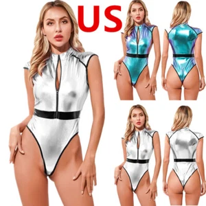 Damen Wetlook Reißverschluss Catsuit Dessous glänzend metallic hoch geschnitten Tanga Body - Bild 1 von 28