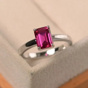 925 Sterling Silver Ring Pink Ruby Lab Created Gemstone Women Dainty Ring - Picture 1 of 5