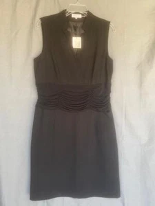 NWT Size 14 CALVIN KLEIN Black Knee Ruched Waist Lined Sheath Dress V Neck New - Picture 1 of 4