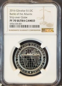 2016 GIBRALTAR SILVER 1/2 CROWN S1/2C SHIP OVER GLOBE NGC PF 70 ULTRA CAMEO - Picture 1 of 3