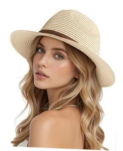 Beach Hats for Women - Sun Straw Fedora Hats for Women, Packable Sun Hat Beige - Picture 1 of 8
