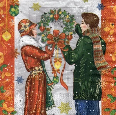 3 Servietten ~ Weihnachten, Eine Familie, Leute, Weihnachtskranz, Haustür ~33x33 - Bild 1 von 2