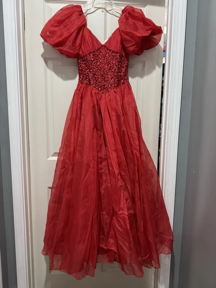 80’s Mike Benet Prom Dress Red Poof Sleeve Sequined Bodice, Metallic Swiss Dot - Image 1 of 4