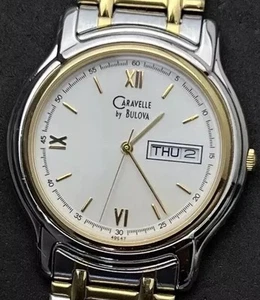 Vintage New 1996 BULOVA Caravelle Men’s 37mm Quartz Watch Day Date SS Gold Cream - Picture 1 of 13