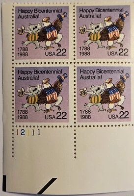 USA 1988 Australia Bicentennial, Plate Block, 22-Cent, MINT, Sc#2370, FAST SHIP! - Image 1 of 3