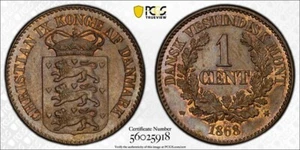 1868 Danish West Indies 1 Cent PCGS MS64BN Lot#G099 Choice UNC! - Picture 1 of 4