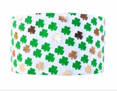 3" Grosgrain Ribbon 50 yard roll WHOLESALE PRICING Gold Foil Shamrocks - Image 1 of 3