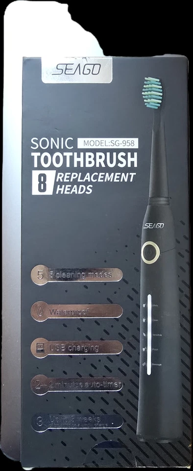 SEAGOSONIC SG-958 TOOTHBRUSH, 8 REPLACEMENT HEADS, 5 Modes, Waterproof, USB - Image 1 of 1