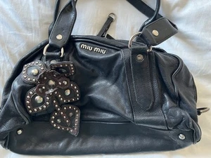 MIU MIU 2Way Mini Boston Bag Black Shiny Leather Flower Studs Vintage Used - Picture 1 of 7