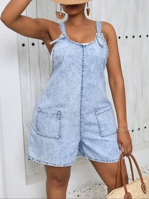 Mono vaquero azul claro Shein Curve mameluco talla 3x bolsillos laterales con cierre de cremallera Foto 1 de 4