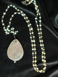 Antique Silver Necklace Magnifying Glass Jewelers Loop 40" Pearl Chain - Picture 1 of 5