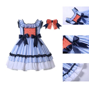 Girls 2-12 Years Sleeveless Lace Bowknot Blue and White Striped Ruffle Dresses - Picture 1 of 12