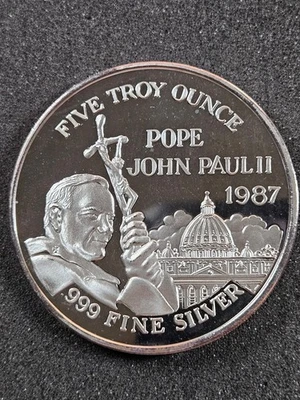 🌟 1987 Pope John Paul II Proof 5 oz .999 Silver Bullion Round Papal Visit USA - Image 1 of 4